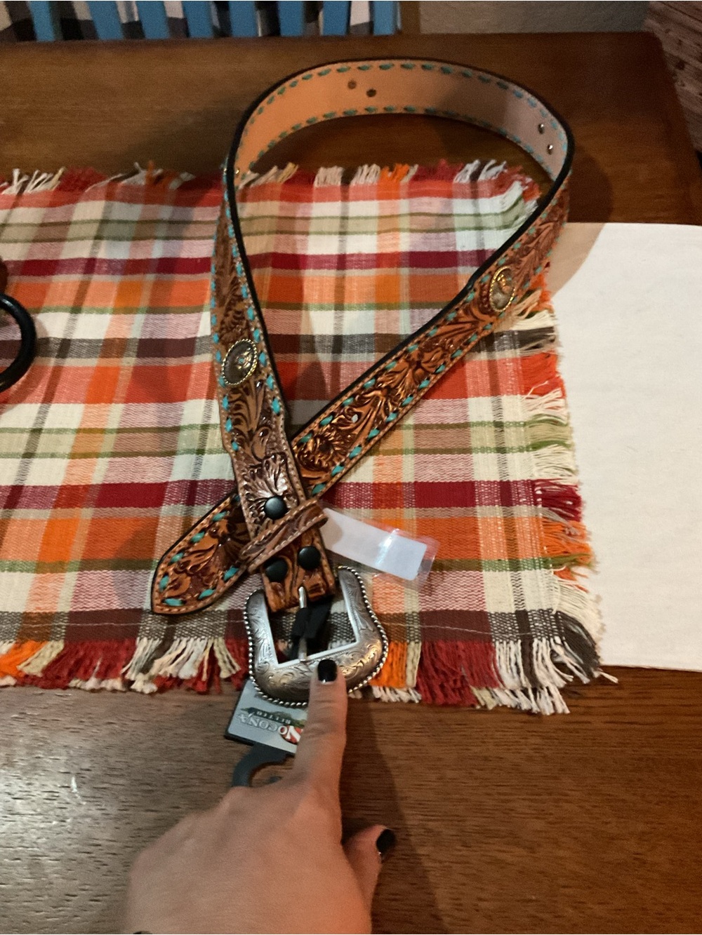 Men’s Nocona Brown Leather Hand Tooled Floral Turquoise Details Size 40 NWT